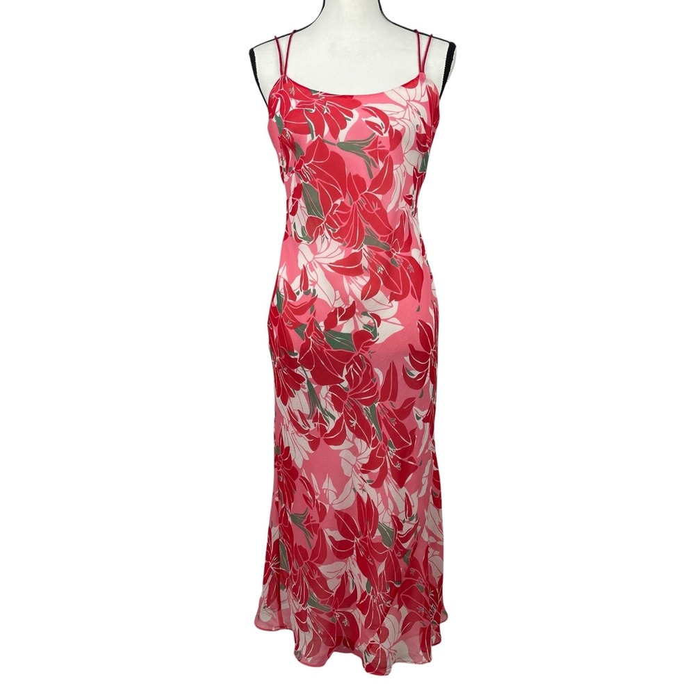 Monsoon Women's Slip Dress Size 6 Silk Floral Pink Red Midi Spaghetti Straps Y2K